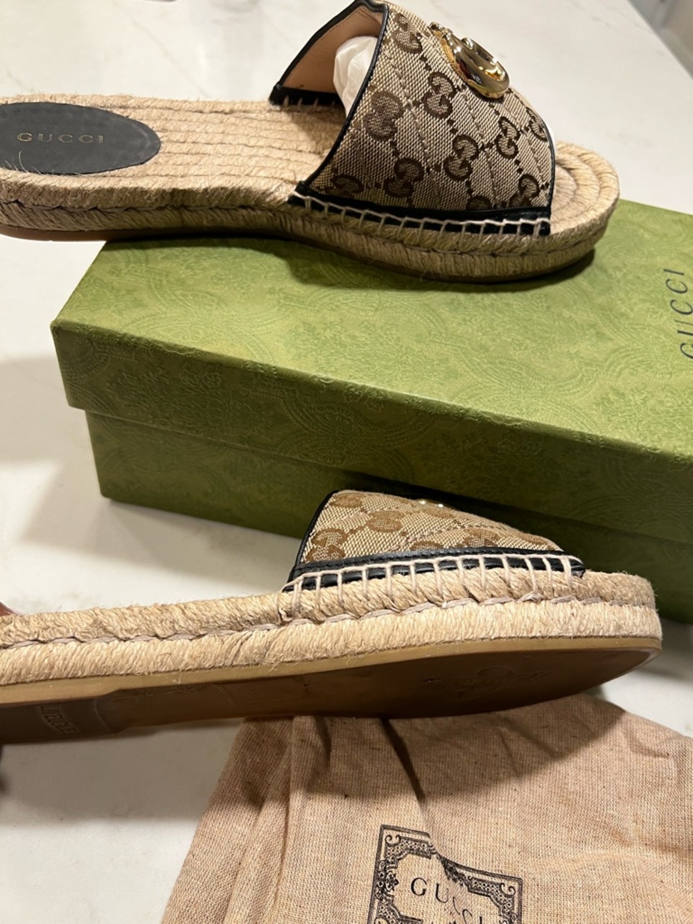 Gucci Brown/Beige GG Canvas Espadrille Slides with Gold Double G - Picture 5 of 16